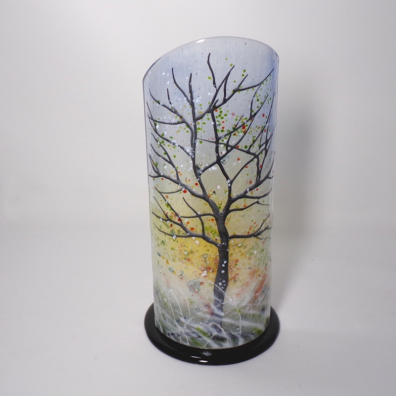 Winter-curved glass sculpture-black base-tree with snow