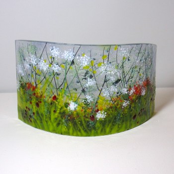 Curved Glass Sculpture without a base. White Cow Parsley flowers of Spring.