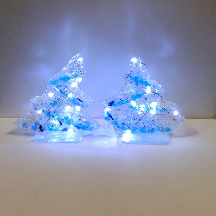 Fused glass blue/clear trees with LED lights.