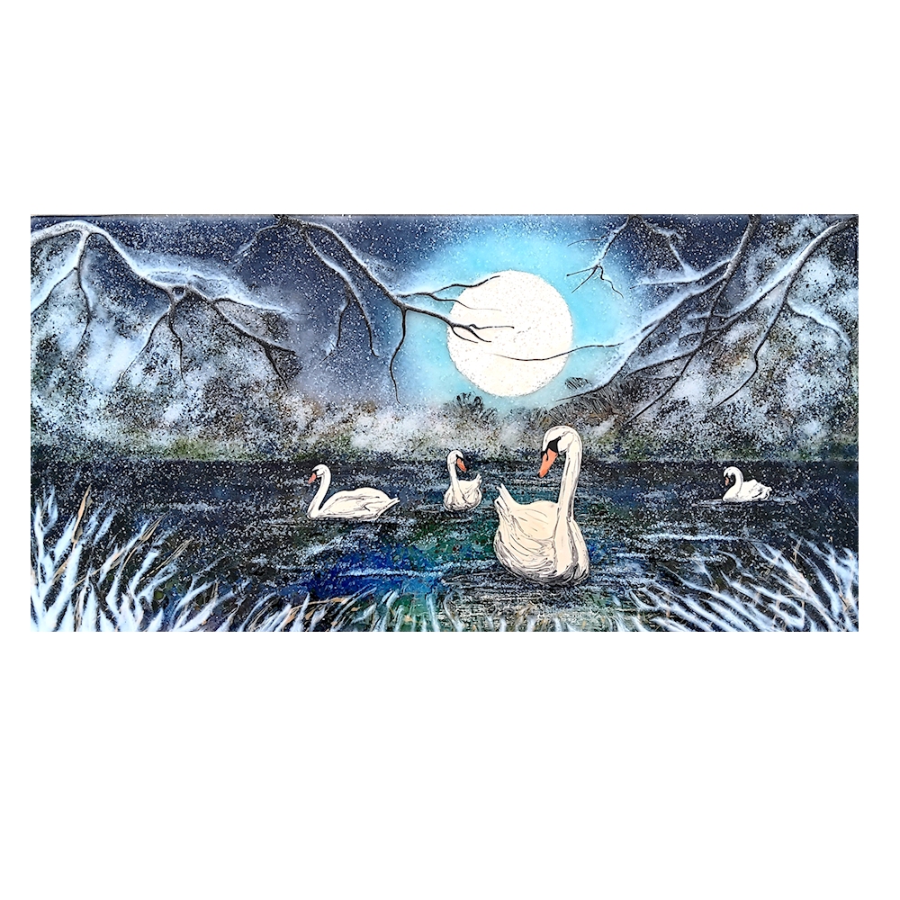 Swans on the canal with the moon rising. The scene is set in winter with snow on the trees.