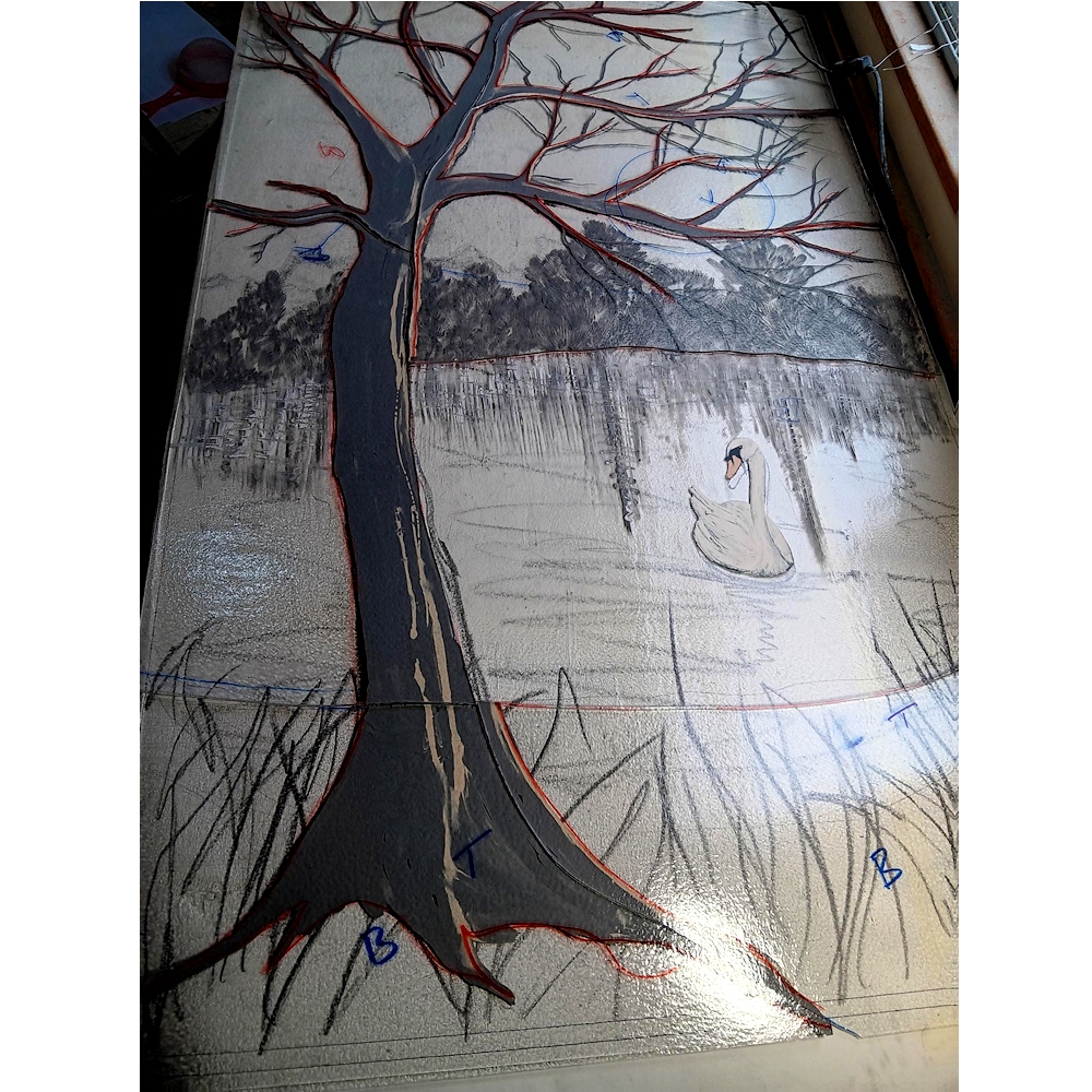 Large bottom panel early in the making progress before firing. Swan is in colour. The trees and canal bank are in black outlined.