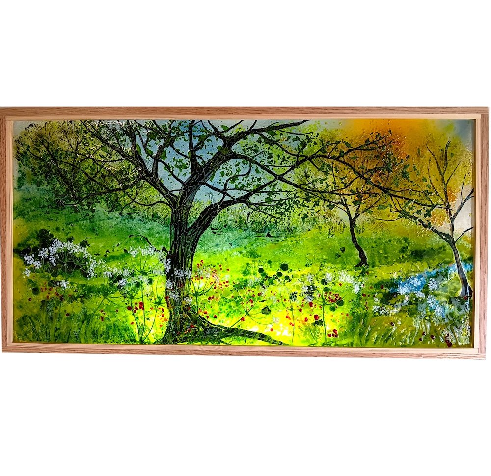 Woodland scene at sunrise with an oak tree and cow parsley. Part of a diptych with 'Spring#2'.
