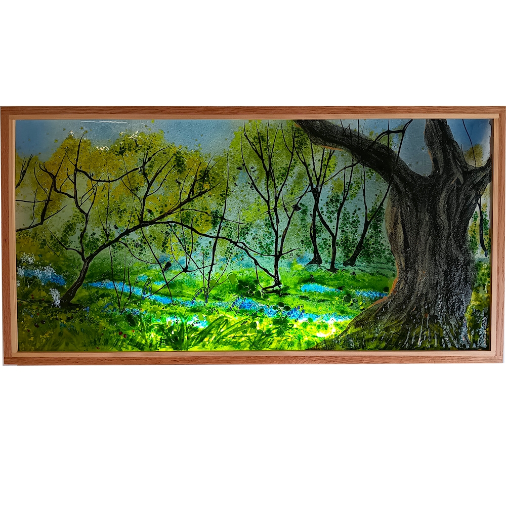 Spring Woodland Scene with the trunk of an oak tree and bluebells. Part of a diptych with 'Spring #1'.
