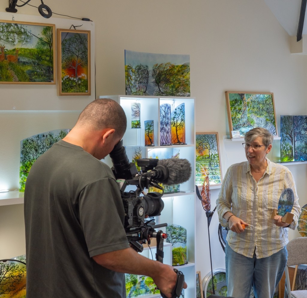 A photo of Kathryn being filmed in her Gallery for Channel 4's Narrow Escapes TV programme